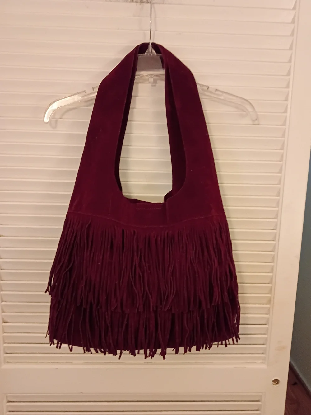 Fringed Suede Hobo Bag in Burgundy
